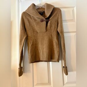 Women’s Ralph Lauren Rugby 100% Wool Tan Med Sweater Shawl Collar Leather Strap
